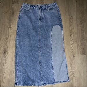 ASOS Blue Denim Midi Skirt Women’s Size 12 Cut Out Panel Stretch Jean Skirt